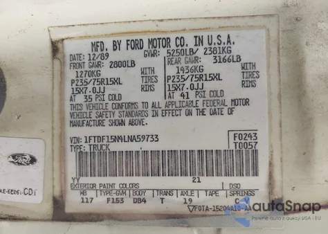 1990 Ford F150 z USA, uszkodzony, nr VIN 1FTDF15N4LNA59733